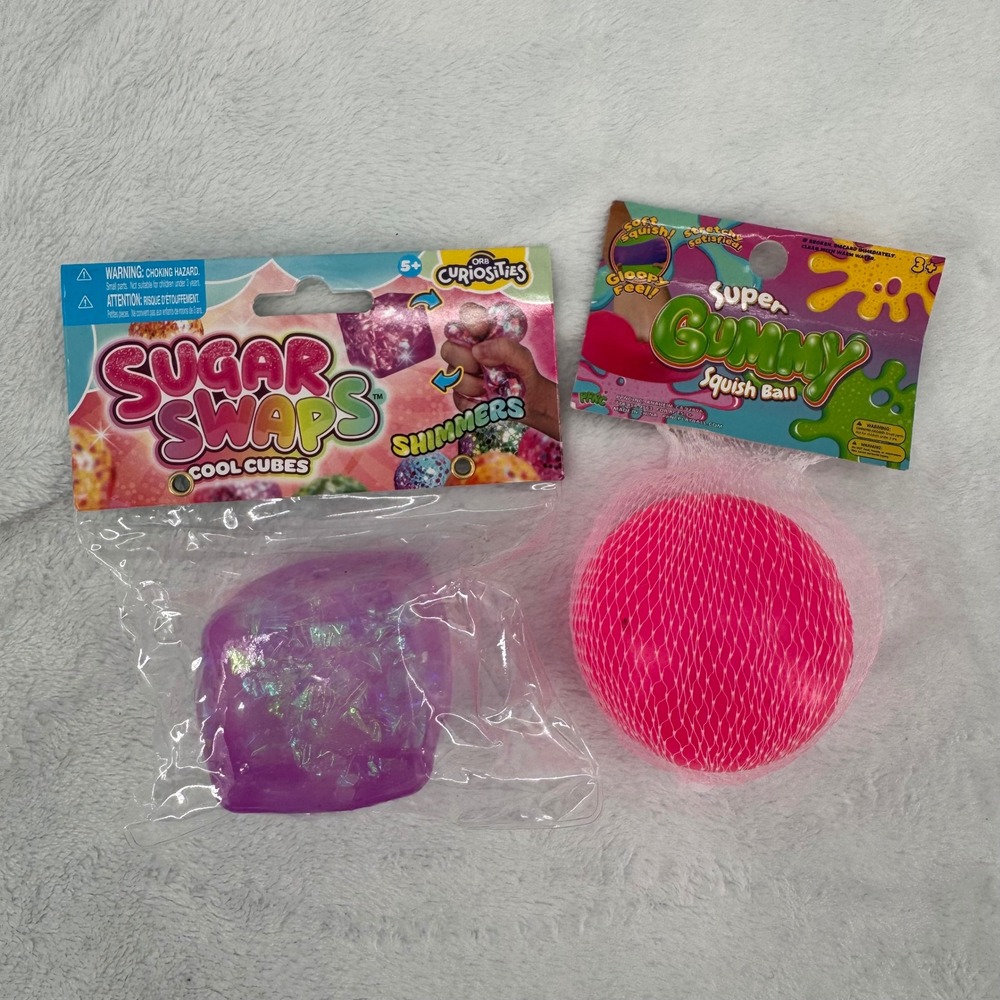 Orb Curiosities Purple Sugar Swaps Shimmers Cube & Pink Super Gummy Squish Balls